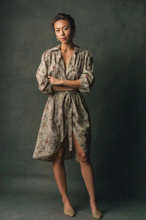 Full-body shot of a woman in a muted floral day dress with a belt, woven leather flats, and pearl studs, minimalist studio setting 