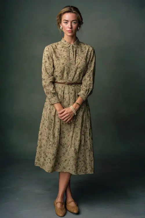 Full-body shot of a woman in a muted floral day dress with a belt, woven leather flats, and pearl studs, minimalist studio setting