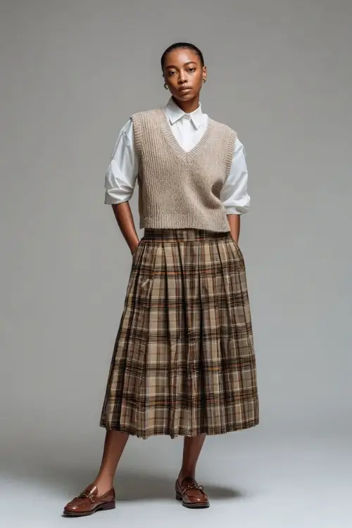 Full-body shot of a woman in a plaid pleated midi skirt, collared white blouse, beige knit vest, and brown loafers, posed in a clean studio 