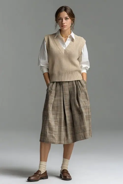Full-body shot of a woman in a plaid pleated midi skirt, collared white blouse, beige knit vest, and brown loafers, posed in a clean studio 