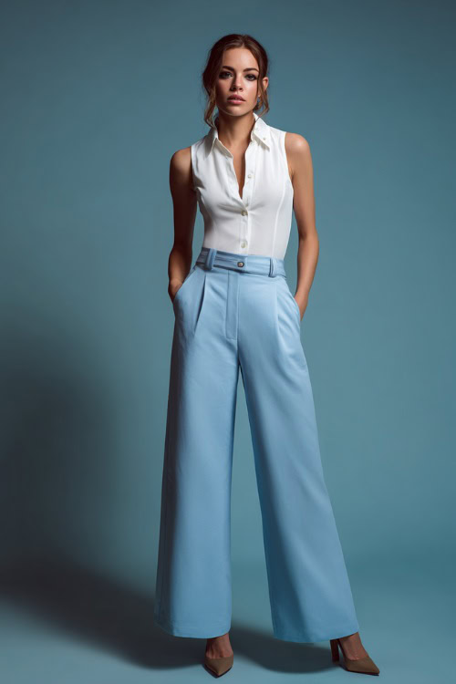 Full-body shot of a woman in a sleeveless white blouse with light blue wide-leg trousers and low block heels, clean studio lighting 