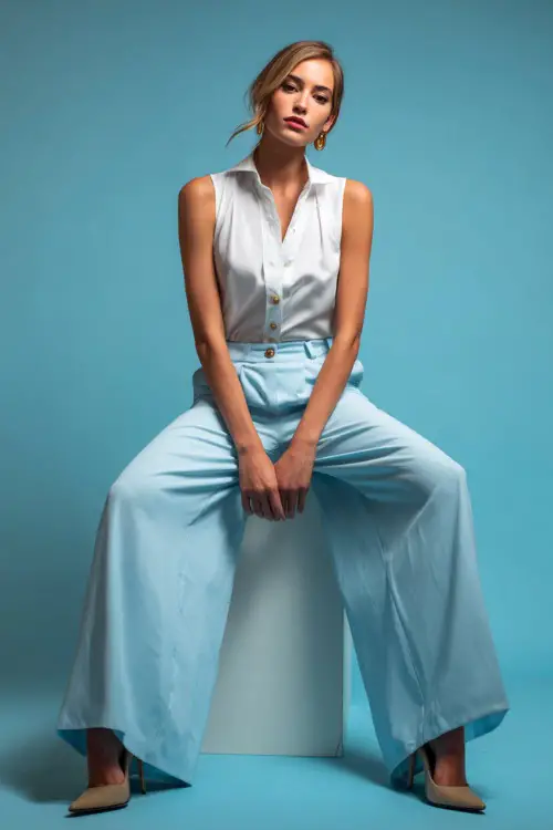 Full-body shot of a woman in a sleeveless white blouse with light blue wide-leg trousers and low block heels, clean studio lighting
