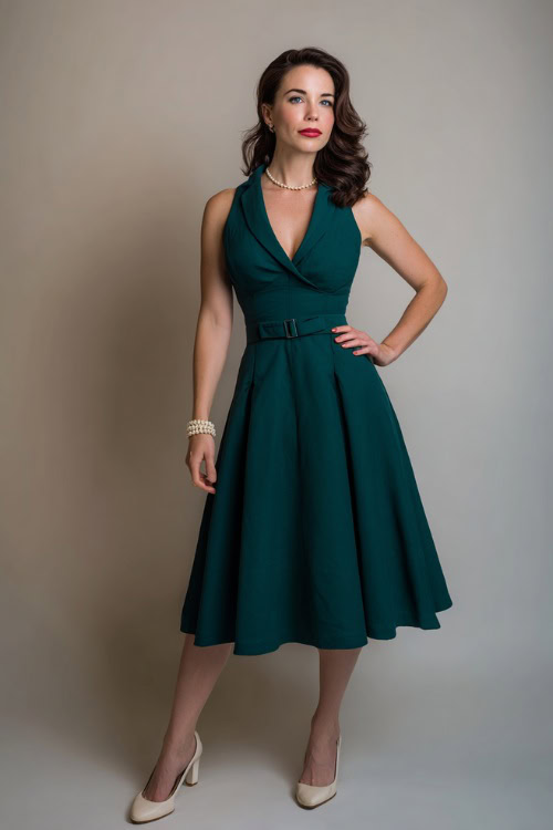 Full-body shot of a woman wearing a dark emerald green tea-length dress with subtle ruffles and a thin belt, paired with ivory block heels and a pearl bracelet