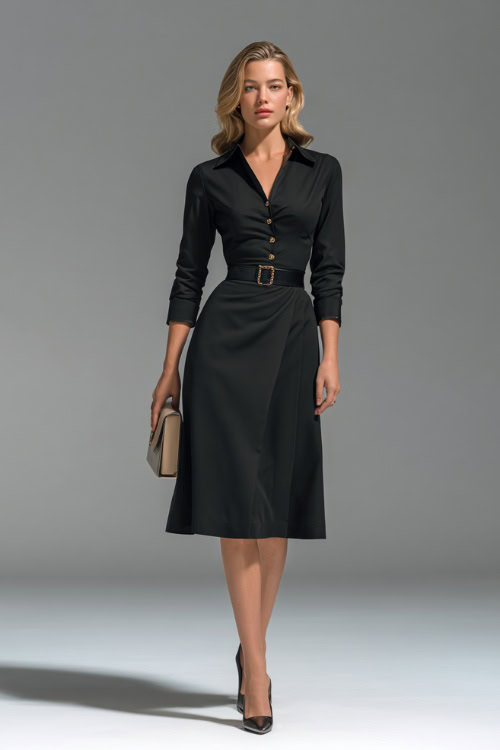 Full-body shot of an elegant woman in a black belted long-sleeve dress with subtle satin sheen, pointed-toe heels, and a small structured handbag 