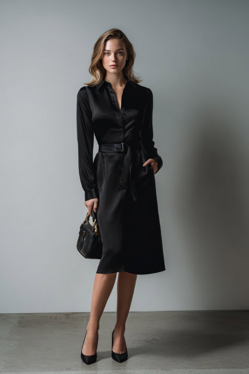 Full-body shot of an elegant woman in a black belted long-sleeve dress with subtle satin sheen, pointed-toe heels, and a small structured handbag