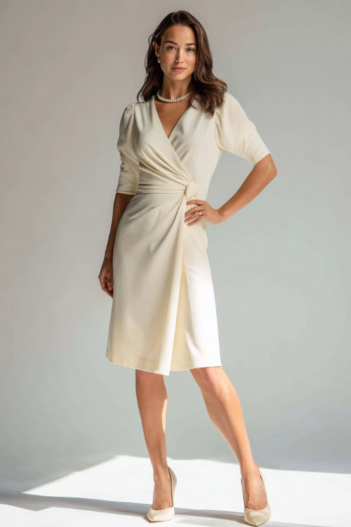 Full-body shot of woman in a classic ivory wrap dress with elbow-length sleeves, styled with pearl jewelry and cream kitten heels, standing in a clean 