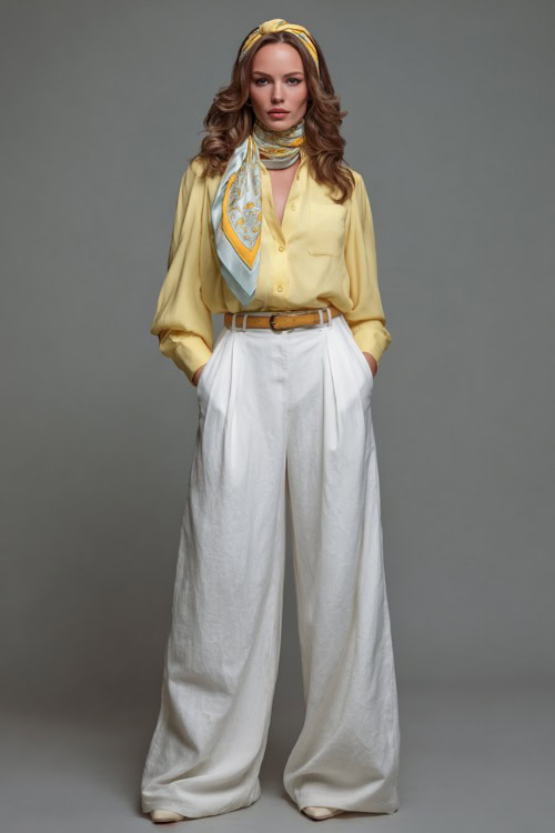 Full-body shot of woman in white wide-leg trousers, tucked-in pastel yellow blouse, silk scarf headband, and classic belt, posed in a neutral-toned studio 