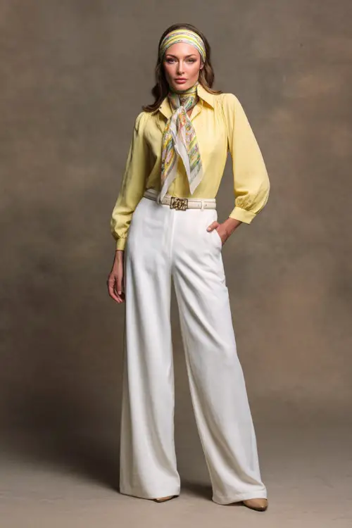 Full-body shot of woman in white wide-leg trousers, tucked-in pastel yellow blouse, silk scarf headband, and classic belt, posed in a neutral-toned studio