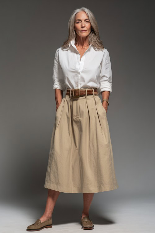 Full-body shot of woman over 50 wearing a high-waisted beige midi skirt with a white tucked-in blouse, leather belt, and loafers, soft-lit studio background