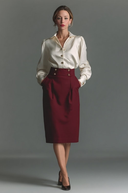 Full-body view of a woman in a burgundy midi skirt and an ivory silk blouse with subtle buttons, accessorized with pearl studs and leather flats 
