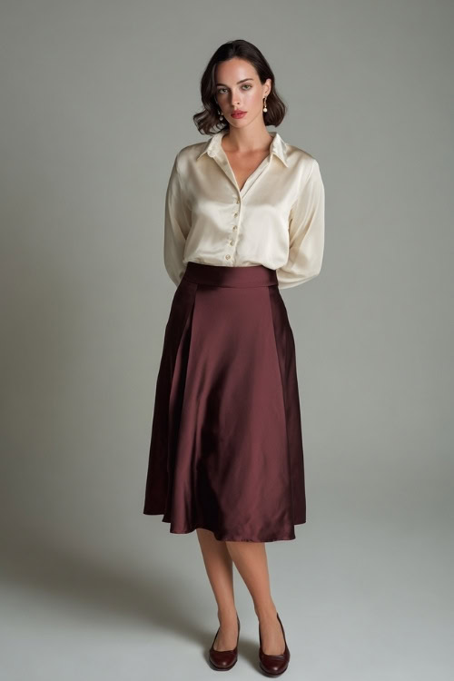 Full-body view of a woman in a burgundy midi skirt and an ivory silk blouse with subtle buttons, accessorized with pearl studs and leather flats 