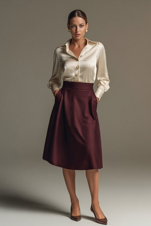 Full-body view of a woman in a burgundy midi skirt and an ivory silk blouse with subtle buttons, accessorized with pearl studs and leather flats