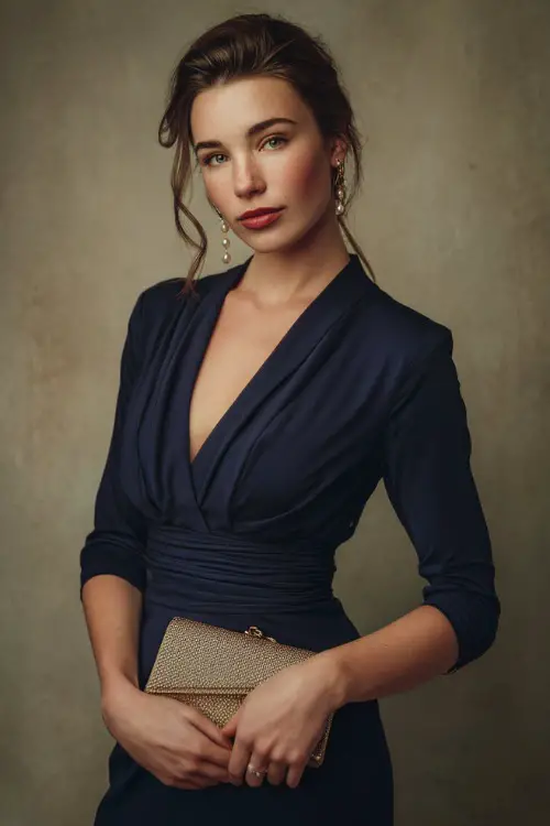 Full-body view of a woman wearing a dark blue long-sleeve wrap dress with delicate pleats, styled with drop earrings and a vintage-inspired clutch