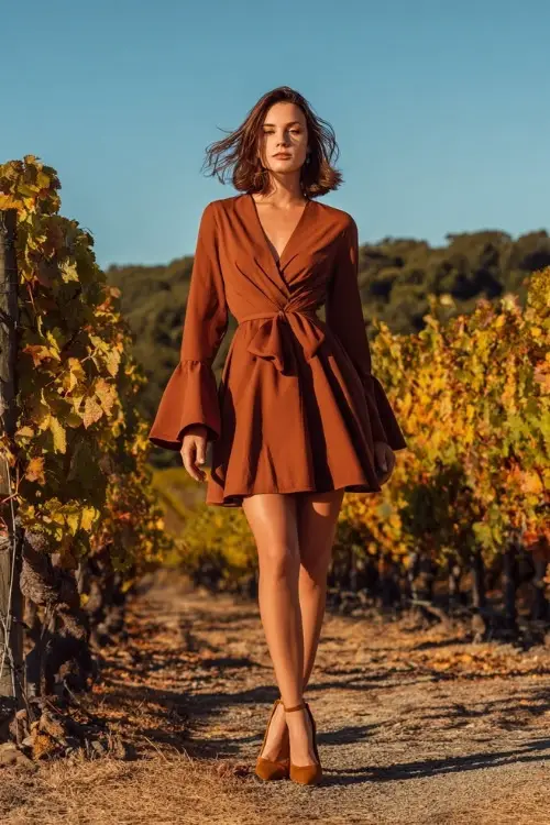 Graceful woman in a cinnamon fit-and-flare dress with bell sleeves and suede pumps, standing by a vineyard with changing leaves in the background 