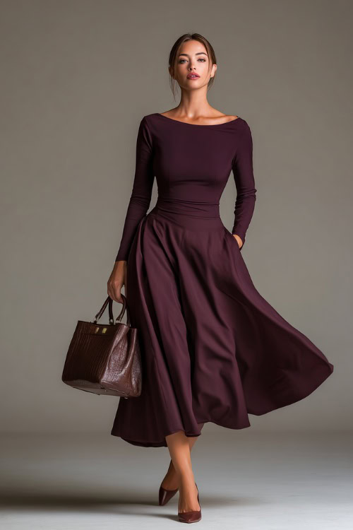 Graceful woman wearing a dark plum boatneck dress with long sleeves and a flowing skirt, accessorized with simple heels and a structured handbag 