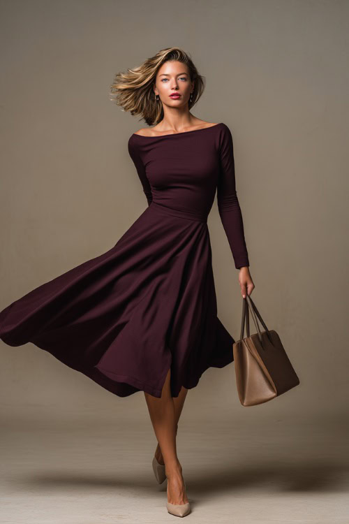 Graceful woman wearing a dark plum boatneck dress with long sleeves and a flowing skirt, accessorized with simple heels and a structured handbag