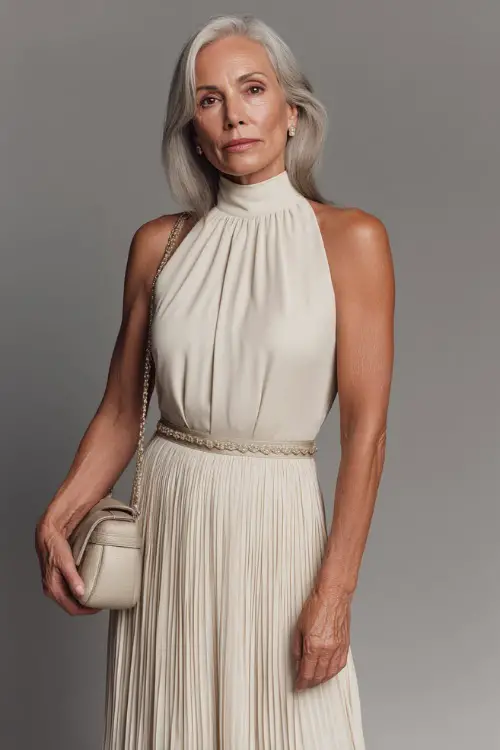 Mature elegant woman in a high-neck sleeveless cream gown with pleated skirt and waist embellishment, styled with a structured handbag and pearls 