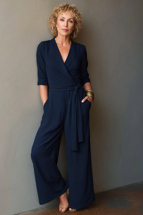 Mature elegant woman wearing a navy wide-leg jumpsuit with a wrap front, gold cuff bracelet, and heeled mules, in a clean and soft-lit studio 