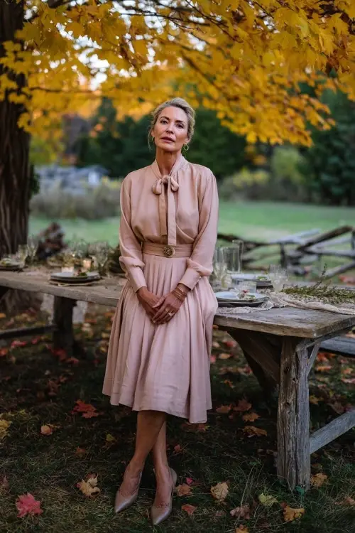 Mature woman in a blush long sleeve midi dress with flowy skirt and brooch detail, posing near a rustic table setup under golden maple trees