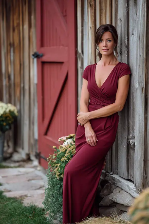 Mature woman in a burgundy wrap dress with V-neckline and soft drape, posing beside a rustic wooden barn decorated for a fall wedding, full body visible 