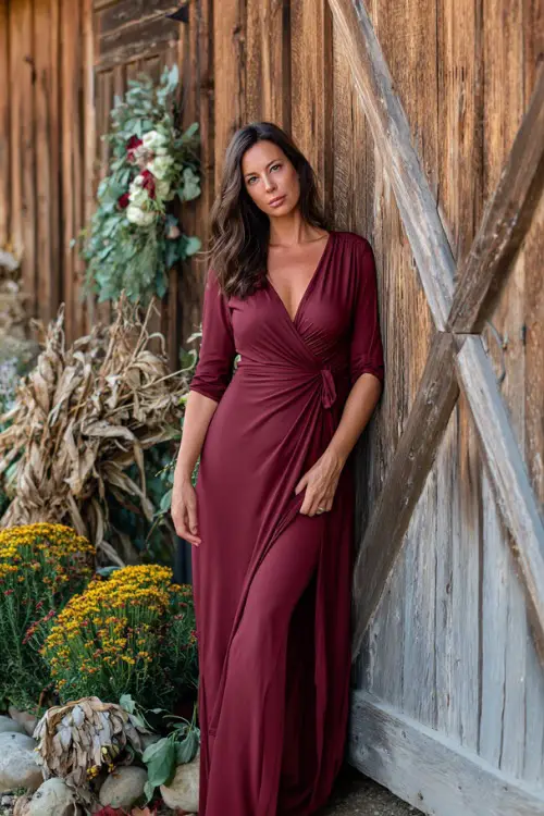 Mature woman in a burgundy wrap dress with V-neckline and soft drape, posing beside a rustic wooden barn decorated for a fall wedding, full body visible 