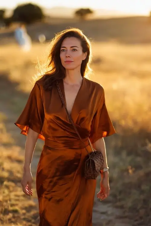 Mature woman in a copper satin midi dress with flutter sleeves and a crossbody bag, walking near a field ceremony setup under golden sunlight
