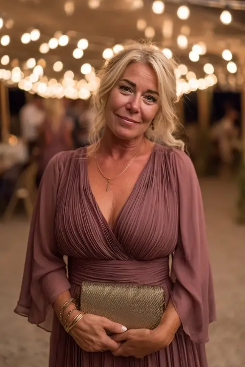 Mature woman in a dark mauve pleated skirt dress with chiffon sleeves and matching clutch, posing beneath string lights at an evening September wedding 