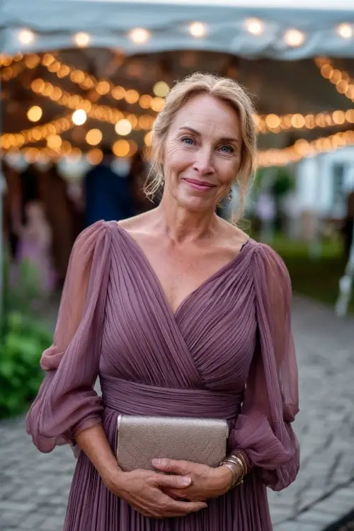 Mature woman in a dark mauve pleated skirt dress with chiffon sleeves and matching clutch, posing beneath string lights at an evening September wedding