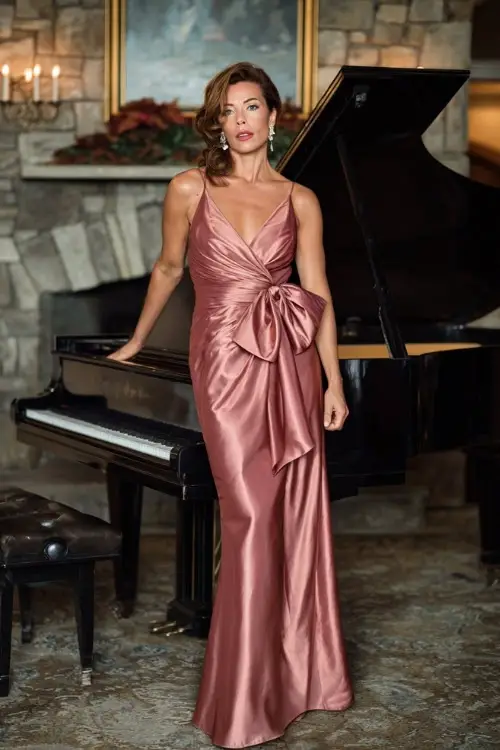 Mature woman in a dusty rose formal gown with satin bow waist and structured silhouette, posing near a piano in a high-end fall wedding venue 