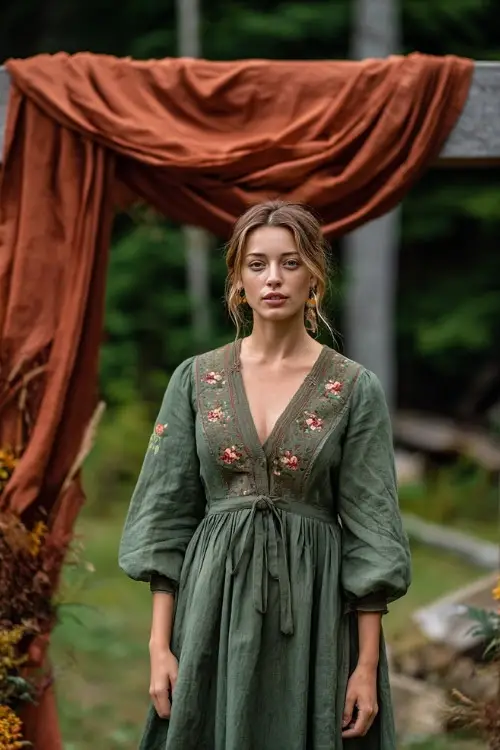 Mature woman in a forest green midi dress with floral embroidery and quarter-length sleeves, standing beside a wooden arch draped in rust-colored fabric 