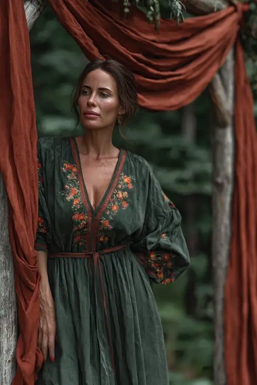 Mature woman in a forest green midi dress with floral embroidery and quarter-length sleeves, standing beside a wooden arch draped in rust-colored fabric