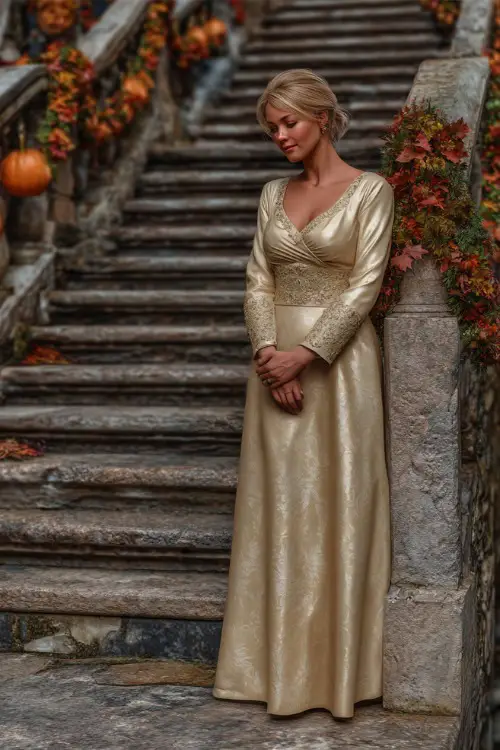 Mature woman in a golden A-line formal gown with full sleeves and embroidered details, standing near a stone staircase decorated for an autumn celebration