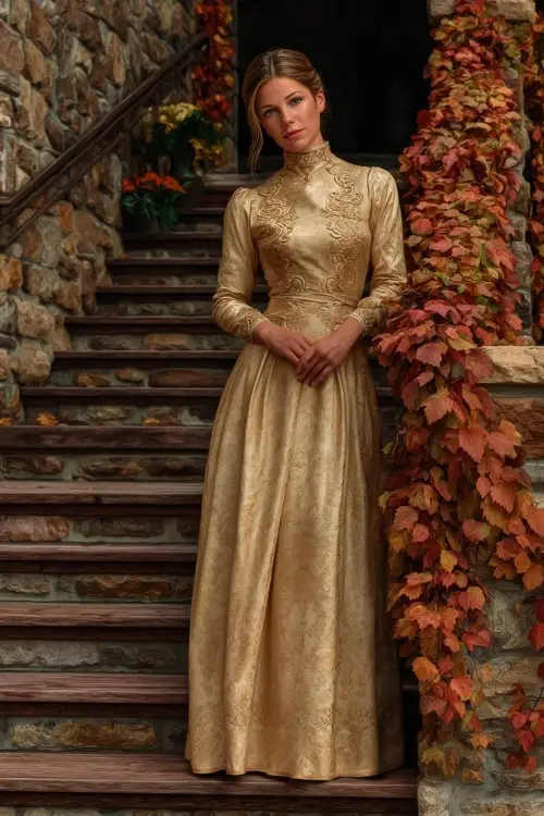 Mature woman in a golden A-line formal gown with full sleeves and embroidered details, standing near a stone staircase decorated for an autumn celebration
