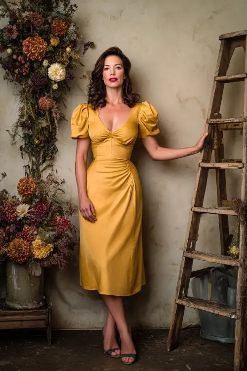 Mature woman in a golden yellow tea-length dress with puff sleeves, standing beside rustic floral decor and a vintage ladder at a September wedding