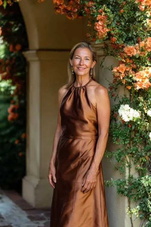 Mature woman in a metallic bronze midi dress with subtle pleats and beaded earrings, standing under an arch of burnt orange and white flowers