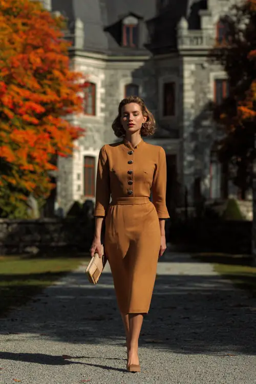 Mature woman in a tailored caramel midi dress with button detail and elegant clutch, walking past a stately home with colorful fall trees, full body