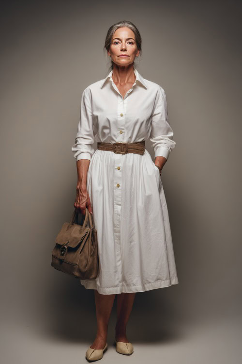 Mature woman in a white button-down dress with a belt at the waist, structured handbag, and beige ballet flats, full-body in a simple studio setting 