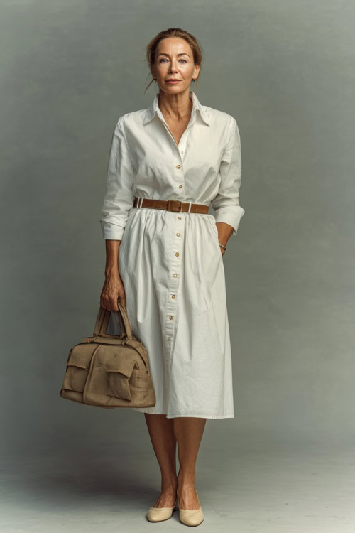 Mature woman in a white button-down dress with a belt at the waist, structured handbag, and beige ballet flats, full-body in a simple studio setting