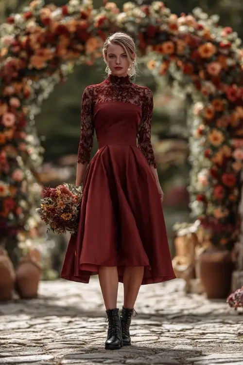 Mature woman in a wine-colored A-line midi dress with lace sleeves and black ankle boots, standing on a cobblestone path near a fall-themed wedding arch 