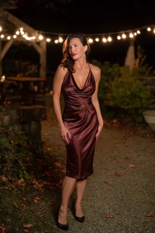 Mature woman in a wine-colored satin midi dress with draped neckline and black stilettos, standing under string lights on a crisp autumn evening 