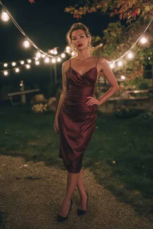 Mature woman in a wine-colored satin midi dress with draped neckline and black stilettos, standing under string lights on a crisp autumn evening 