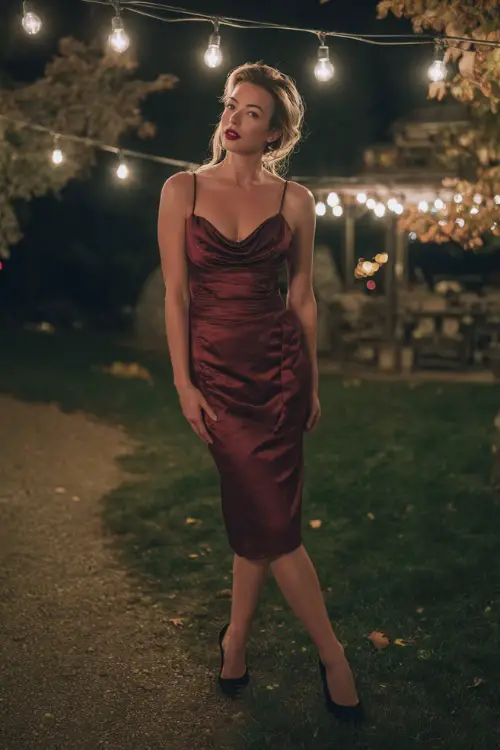 Mature woman in a wine-colored satin midi dress with draped neckline and black stilettos, standing under string lights on a crisp autumn evening 
