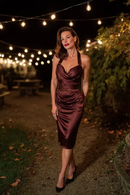 Mature woman in a wine-colored satin midi dress with draped neckline and black stilettos, standing under string lights on a crisp autumn evening