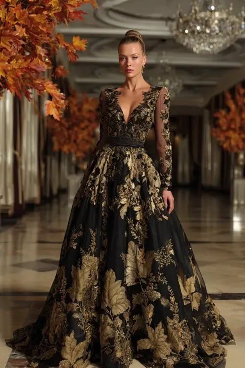 Mature woman wearing a black and gold embroidered evening gown with sheer long sleeves, posing in a ballroom setting with autumn leaf accents and chandeliers 