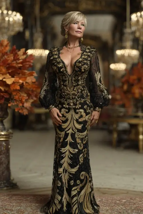 Mature woman wearing a black and gold embroidered evening gown with sheer long sleeves, posing in a ballroom setting with autumn leaf accents and chandeliers 