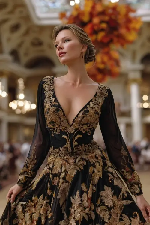 Mature woman wearing a black and gold embroidered evening gown with sheer long sleeves, posing in a ballroom setting with autumn leaf accents and chandeliers