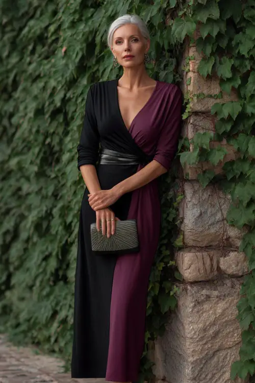 Mature woman wearing a black and plum color-block midi dress with V-neckline and clutch bag, posing beside an ivy-covered stone wall