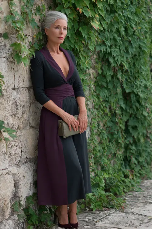 Mature woman wearing a black and plum color-block midi dress with V-neckline and clutch bag, posing beside an ivy-covered stone wall, full body