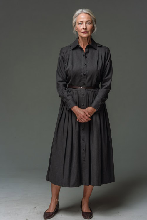 Mature woman wearing a dark grey structured midi dress with pleats and button-down front, classic belt and leather flats, minimal studio setting