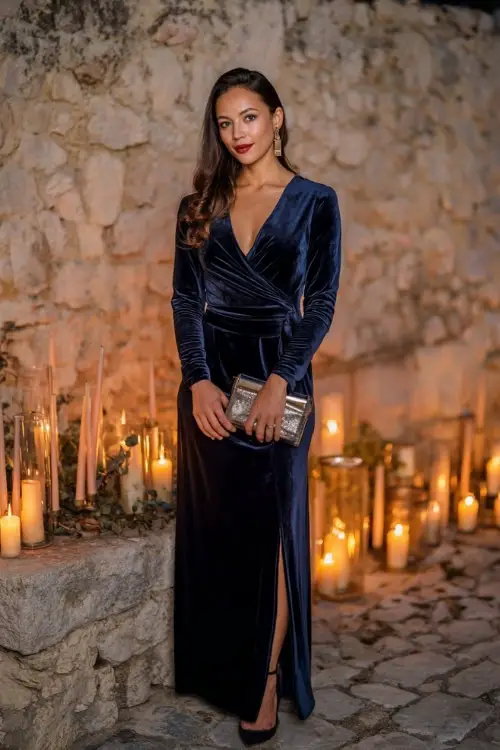 Mature woman wearing a dark indigo velvet dress with long sleeves and side slit, holding a metallic clutch, posing near an elegant October evening wedding setup with glowing candles 